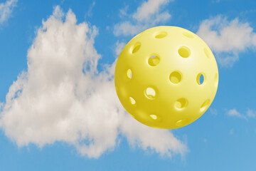 A yellow pickleball soaring against a blue sky with clouds, perfect for outdoor play. 3d rendering