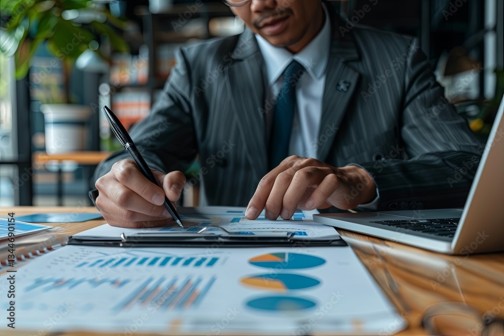Aufkleber businessman analyzes financial data and market reports for effective investment strategy and growth 
