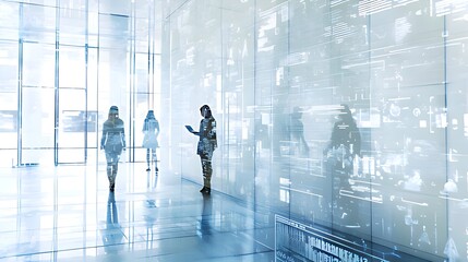 Fototapeta premium Modern office interior with digital display wall. Workers walking. Possible use Stock photo for business, technology, design