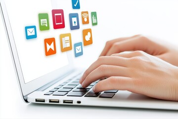 Hands on Laptop with Colorful Icons Representing Corporate Teamwork and Collaboration Concepts