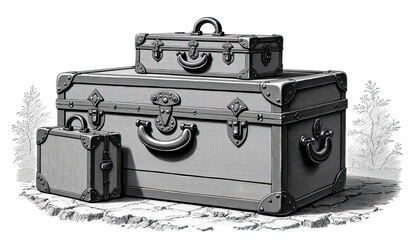 Vintage luggage set in monochrome style against nature background  