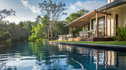 Obraz premium Luxury House with Large Windows & Tranquil Poolside Ambiance, Luxurious home exterior. Contemporary architecture and design elements, outdoor landscape, Pool and Patio, created with generative ai