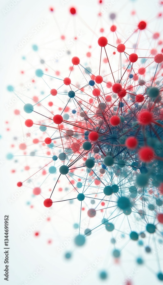 Poster abstract 3d render shows complex network of connected nodes in red, blue colors. visualizes neural c