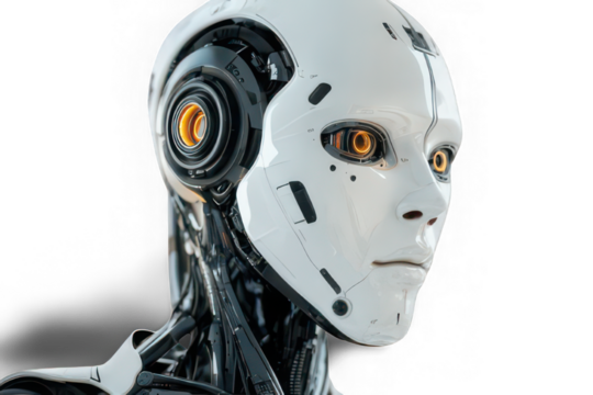 Futuristic robot avatar close-up portrait isolated on PNG transparent background.