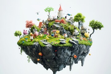 A colorful miniature floating island populated by whimsical creatures and objects