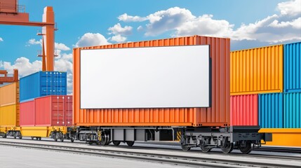 Fototapeta premium Massive Freight Transport Concept with Blank Billboard on Colorful Shipping Containers