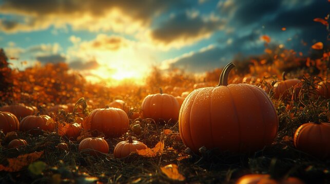 Pumpkin Field at Sunset With Vibrant Colors and Blooming Flowers