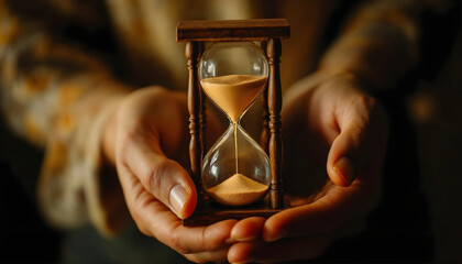 analog, hands holding hourglass, antique glass, dark and moody lighting, warm tones