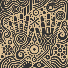 Abstract black and white hand drawn pattern with ethnic motifs.