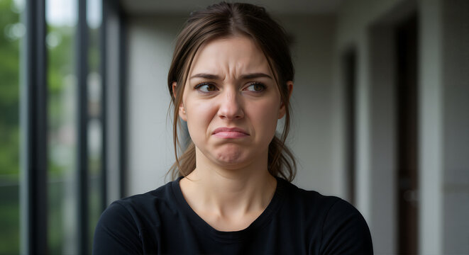 A woman with a repulsed expression and protective posture experiences intense revulsion while encountering something deeply unpleasant.