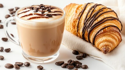 Savor a rich cappuccino paired with a warm chocolate croissant, perfect for breakfast or brunch enjoyment on a pristine white background