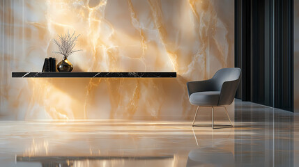 High gloss polished onyx marble table top with elegant chair, high resolution images of marble surfaces., elegant interior design. Polished Onyx. Illustration
