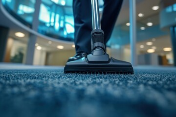 A janitor is meticulously vacuuming under office desks, ensuring cleanliness in a sleek, contemporary workspace during business hours while attending to tight spaces