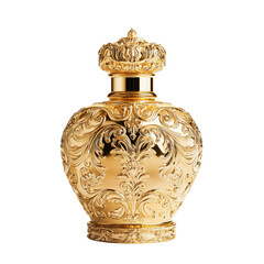 Luxurious golden Baroque perfume bottle on transparent background without any shadows. Opulent fragrance container.
