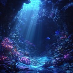 Obraz premium Underwater tunnel scene featuring coral and a swimming fish