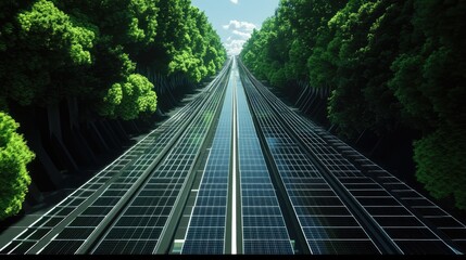 A highway covered in solar panels and lined with green trees. Open area at the bottom for text.