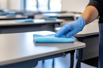 Close-up of a school cleaner's gloved hand using a blue cloth to disinfect desks, ensuring a clean and safe learning space for students