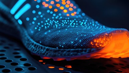 Futuristic running shoe with glowing lights.  Detailed close-up view of the sole and upper.  Advanced technology is evident in the embedded lights and patterns