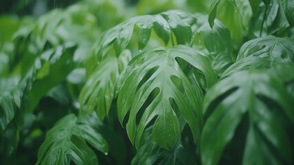 Obraz premium Lush Green Tropical Foliage With Rain Droplets