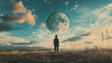 Solitude under a vast moon. A man contemplates a huge moon