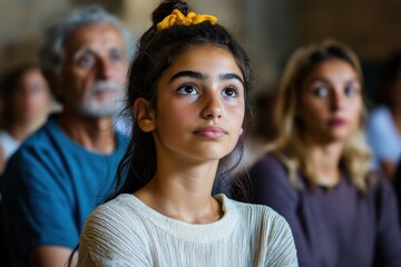 Fototapeta premium A teenage girl attentively listens to a sermon in a church surrounded by her parents, capturing the essence of family unity and spiritual reflection in a serene setting