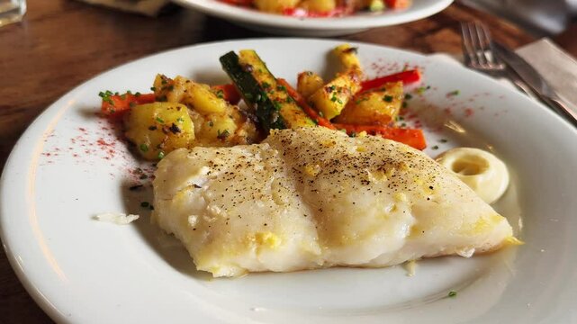 Steamed cod with grilled vegetables and aioli sauce, healthy tasty food. High quality 4k footage