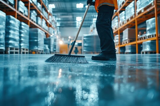 A warehouse janitor is actively sweeping the concrete floor, using a large broom, creating a cloud of dust in a spacious industrial setting during daylight hours