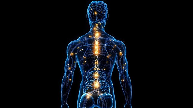 Artistic rendering of human nervous system with glowing blue connections, black background 