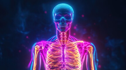 Anatomy of the human skeleton, artistic neon light outline, dark background for contrast 