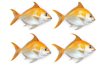 Naklejka premium Four golden pompano fish arranged symmetrically on a clean white background