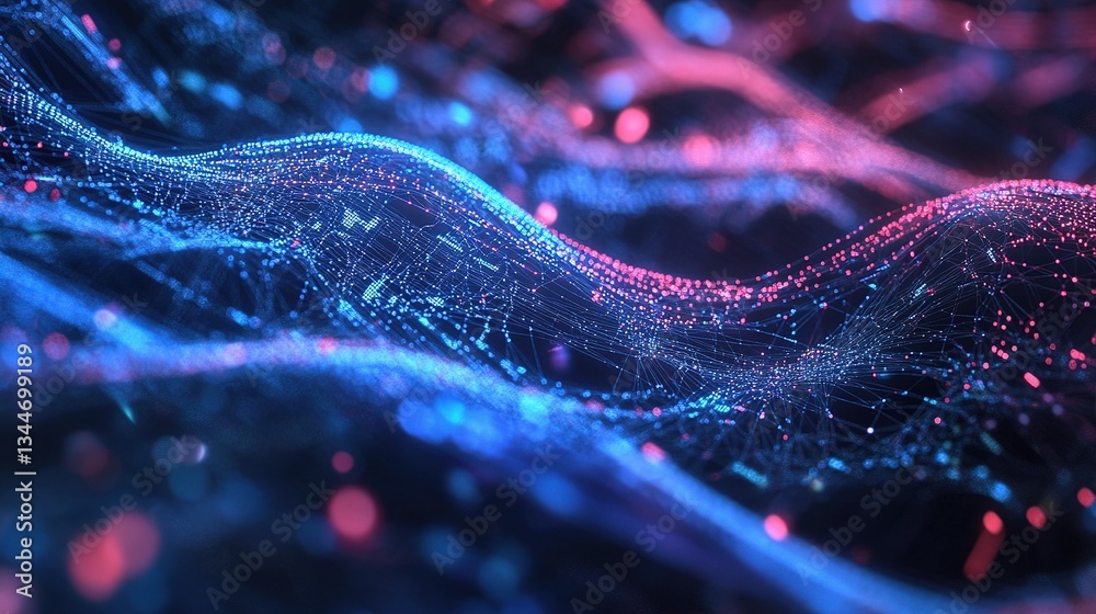 Poster colorful 3d neural network visualization with abstract data waves