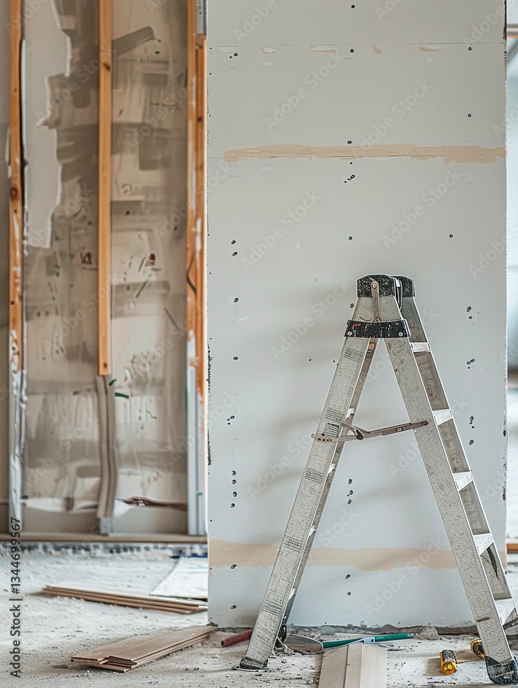 Aufkleber worker fits drywall panels to stud frame in ongoing construction and renovation project with tools a