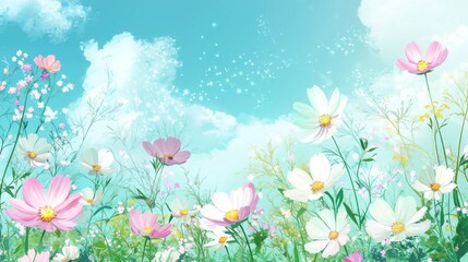 A field of flowers with a blue sky in the background