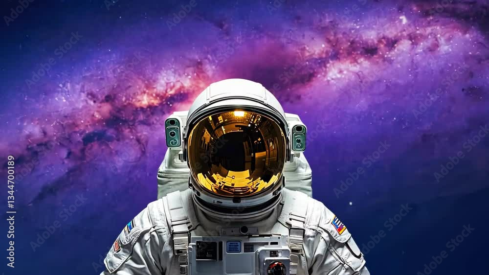 Wall mural astronaut in spacesuit floating against vibrant galaxy background. space explorer surrounded by star