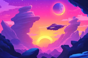  A spaceship flies above a landscape with strange rock formations © Npicture