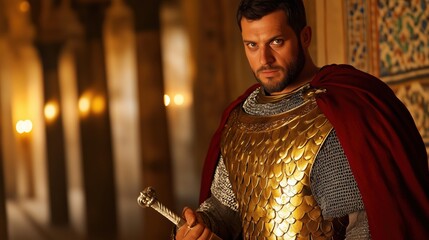 Warrior In Golden Armor Stands Confidently Inside Palace.