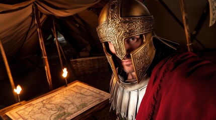 Helmeted Warrior Examines Map In Strategic Tent Setting.