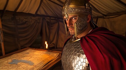 Roman Soldier Planning Strategy By Candlelight In Tent.