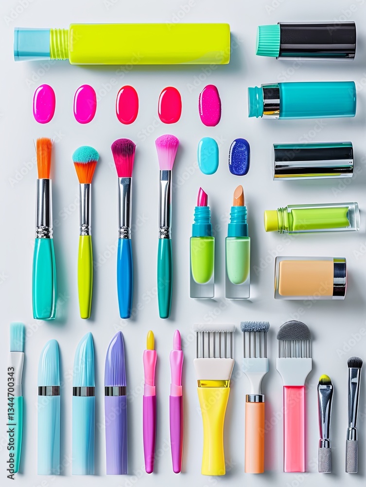 Poster colorful nail polishes and manicure tools arranged neatly on a light background for a vibrant and de