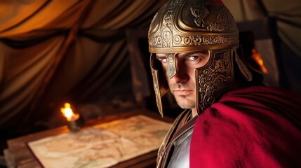 Roman Soldier Strategizing With Detailed Map In Tent.