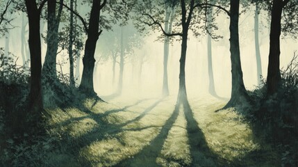 Ethereal Forest Scene with Soft Light Filtering Through Majestic Trees Creating Serene Shadows on the Ground