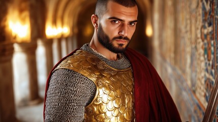 Knight In Armor With Golden Scales And Red Cape.