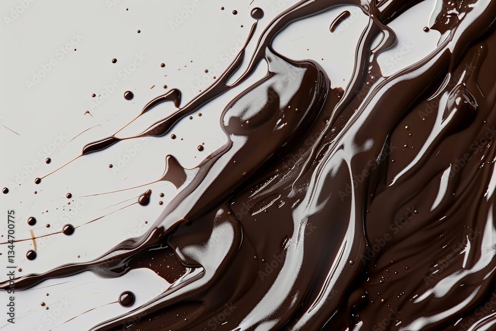 Poster thick, flowing melted chocolate droplets creating a glossy texture on a cream background revealing r