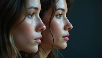 Close-up profile portrait of young woman with natural makeup on dark background. Clean, healthy hydrated skin, defined cheekbones, full lips. Beauty product demo, anti-aging cosmetics promotions,