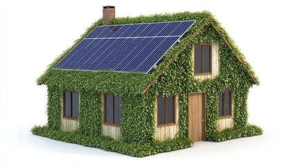A sustainable home made of greenery and solar panels, promoting eco-living. White background provides room for text.
