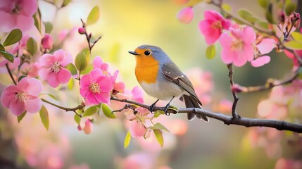 Bird Perched Among Blooming Spring Flowers in a Garden
