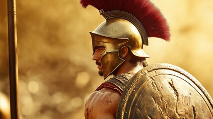 Stoic Warrior In Plumed Helmet, Shield And Spear
