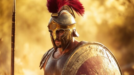 Resolute Ancient Fighter With Shield In Stormy Setting.