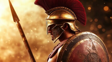 Stoic Soldier Stands Firm With Spear Against Golden Sky.