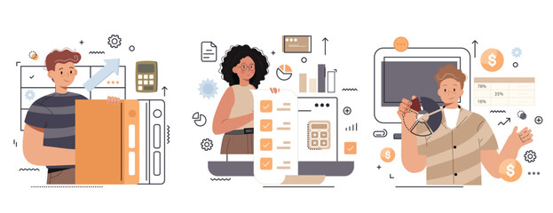Budget bookkeeping illustration set. People doing paperwork. Characters accounting debit and credit, calculating bills and income taxes. Financial management concept. Vector illustration.
